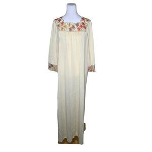 Vintage 60s Maxi Nightgown Womens Size XL Beige Long Sleeve Floral Boho